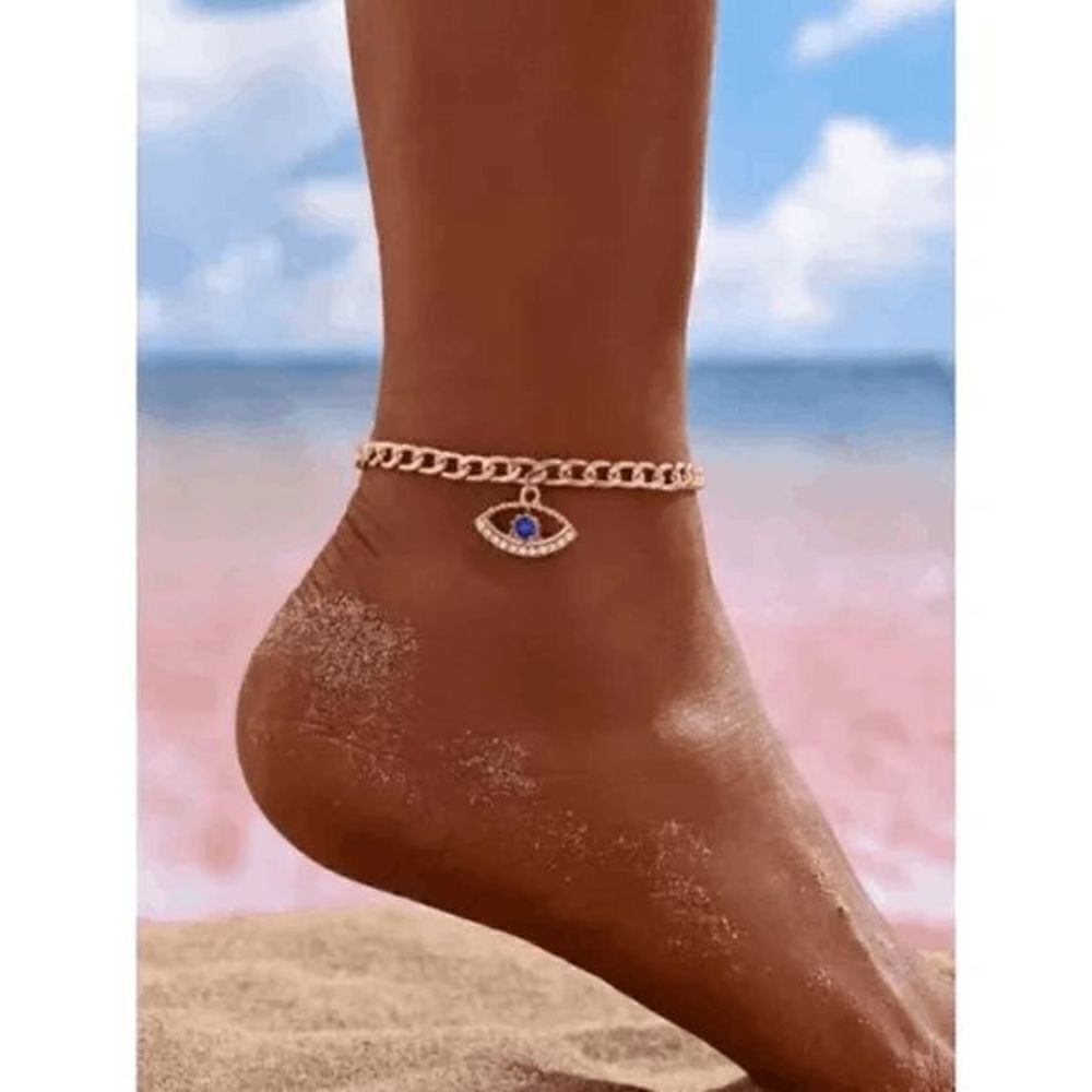 GOLD DIAMOND SAPPHIRE EVIL EYE ANKLET